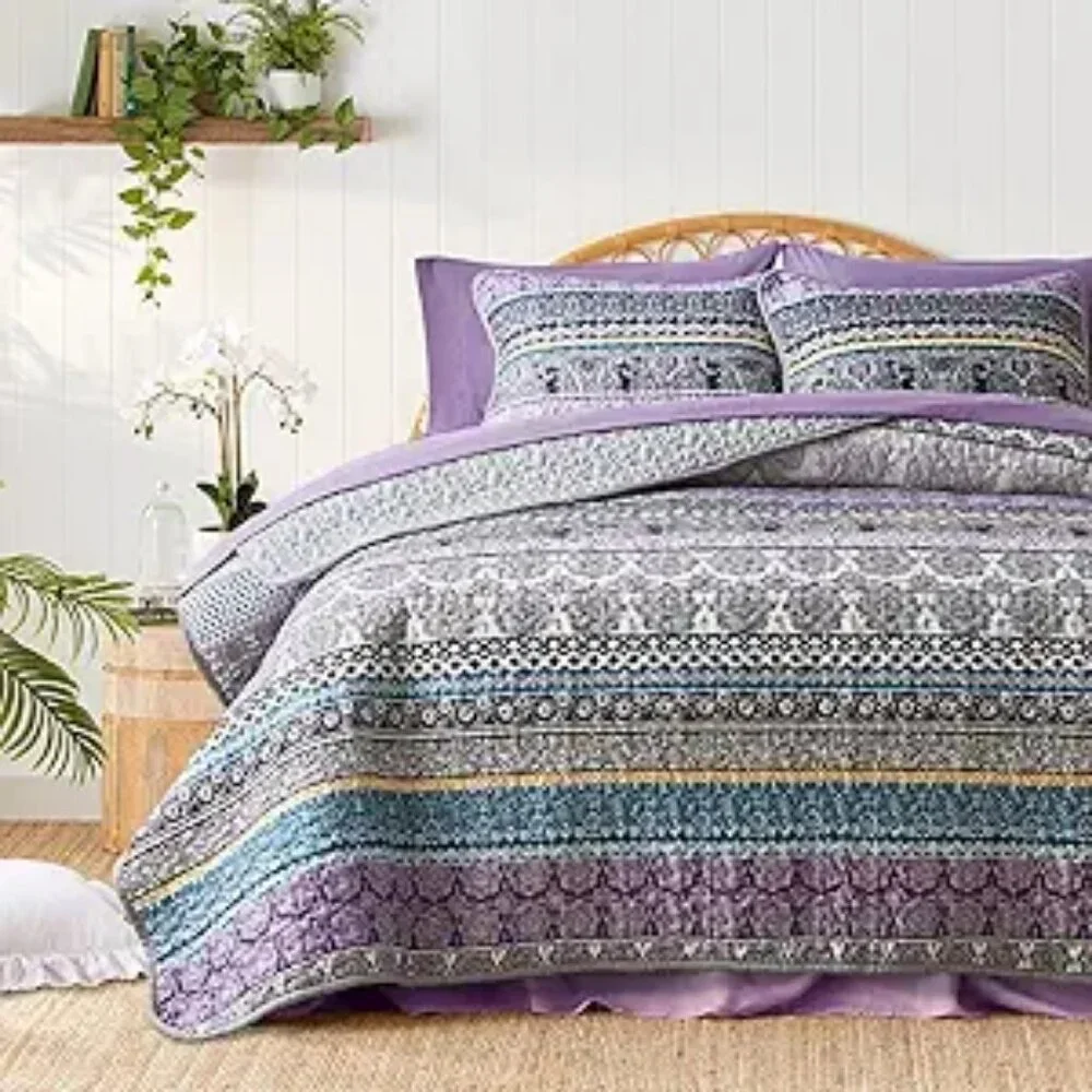 3 Pieces Colorful Bohemian Quilt Set Full Queen Size, Purple n Grey Boho
